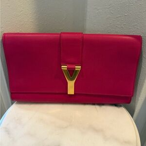 Yves Saint Laurent Clutch Fuchsia with Gold Accent, suede interior with COA